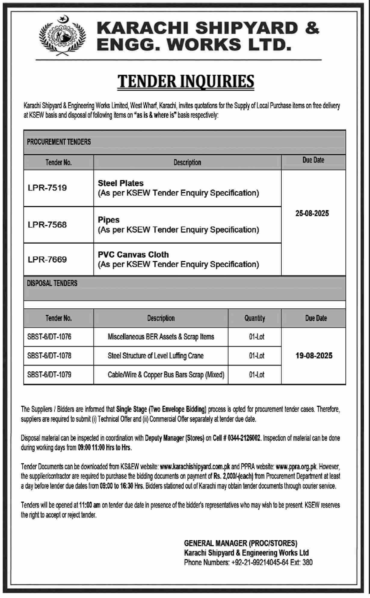 Karachi Shipyard & Engineering Works Limited Tender Notice